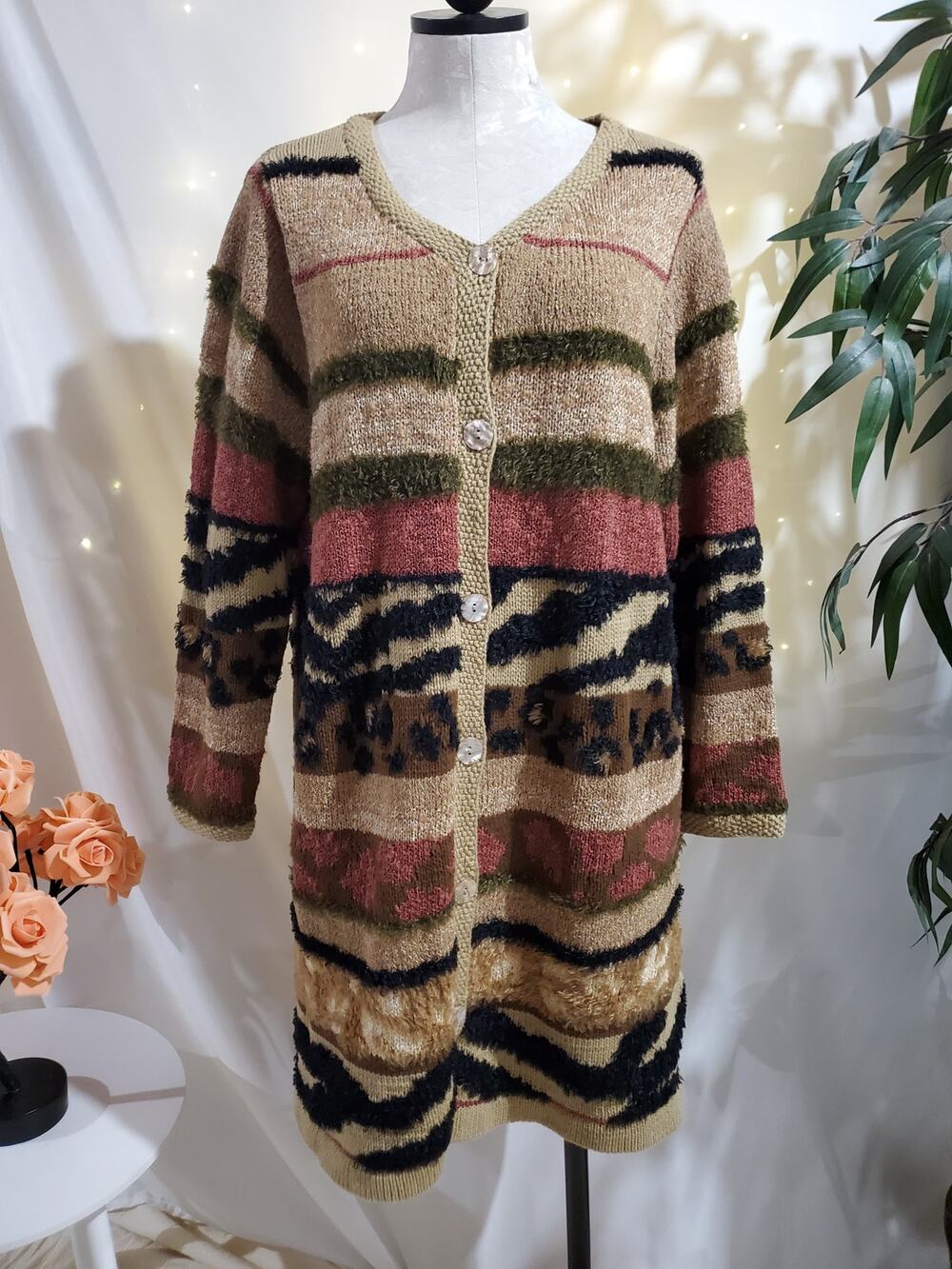 Vtg Susan Bristol Mixed Animal Print Button Long Cardigan Sweater Size 1W Wool